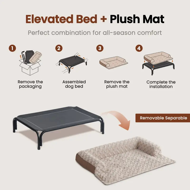 Lomvera™ Elevated Dog Bed for Large Dogs Up to 120 lbs, Breathable Teslin Mesh Pet Cot with Removable Winter Plush Mat, Indoor & Outdoor Use