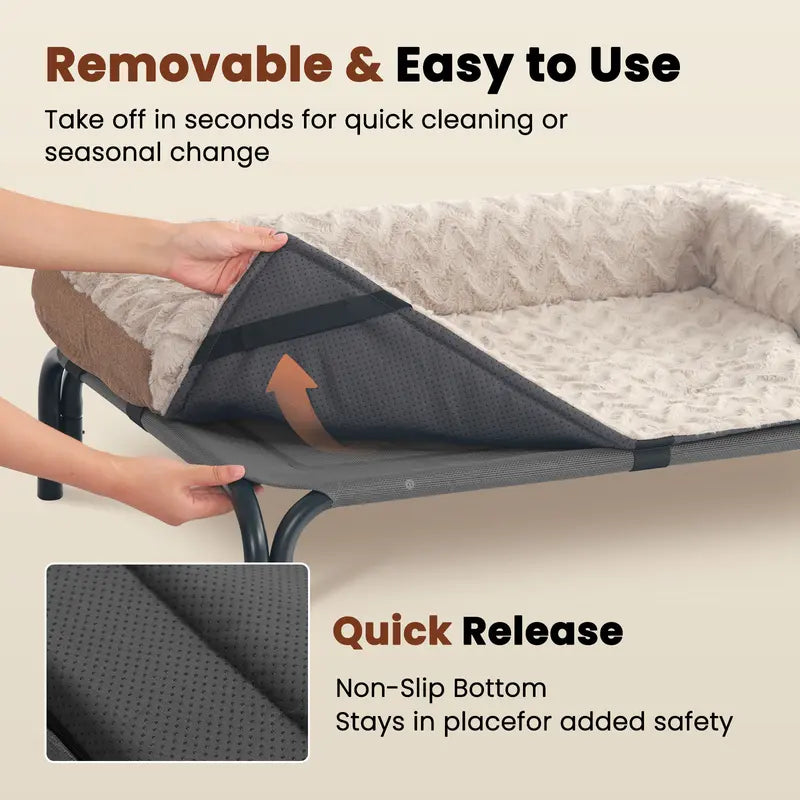 Lomvera™ Elevated Dog Bed for Large Dogs Up to 120 lbs, Breathable Teslin Mesh Pet Cot with Removable Winter Plush Mat, Indoor & Outdoor Use